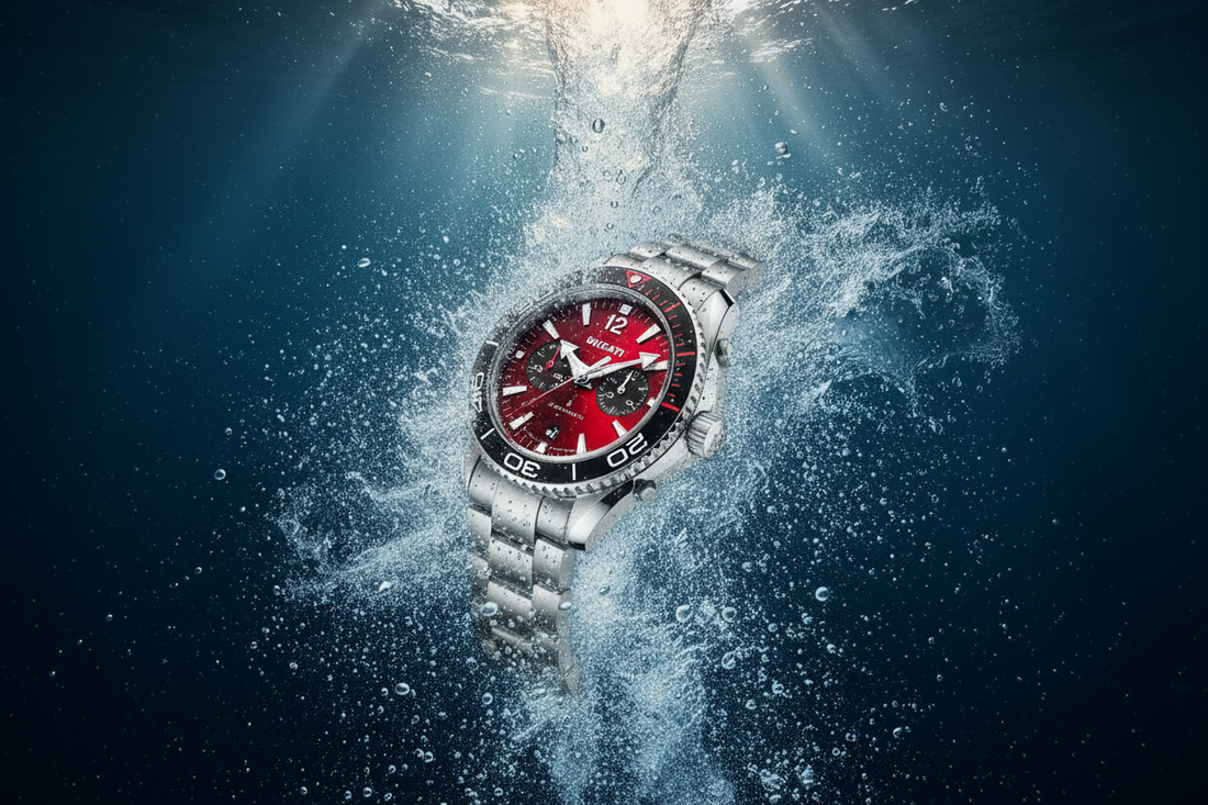 Ductai chronograph watch providing clarification on water resistance levels. 