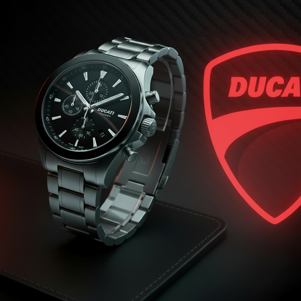 Ducati men’s chronograph watch DTWGI0003602 — sat in front of a lumminated Ducati logo. 