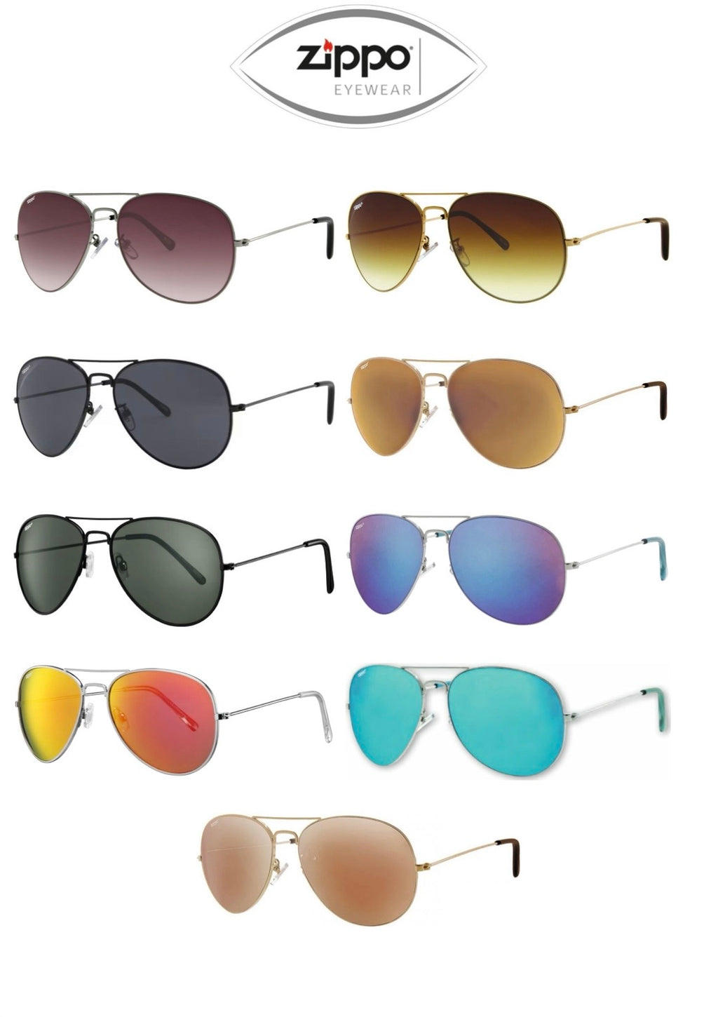 Nine pairs of Zippo OB36 aviator sunglasses in assorted frame and lens colours.