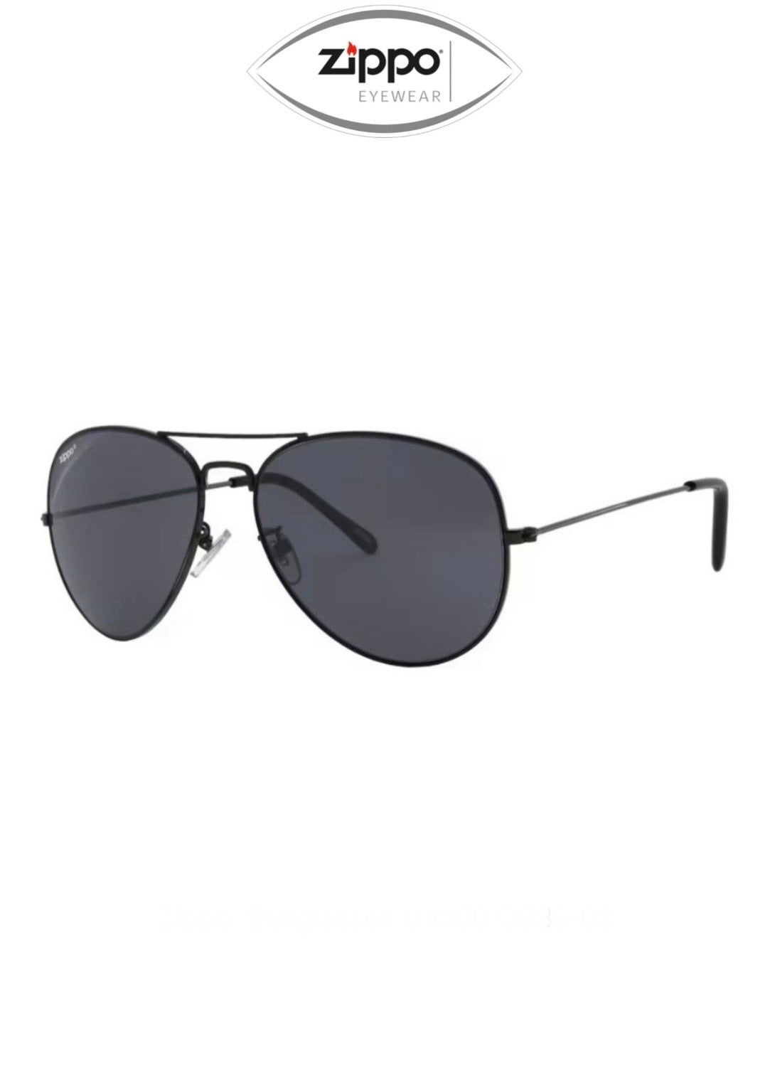 Zippo unisex sunglasses with black frames and UV400 protection, featuring sleek design and dark tinted lenses.