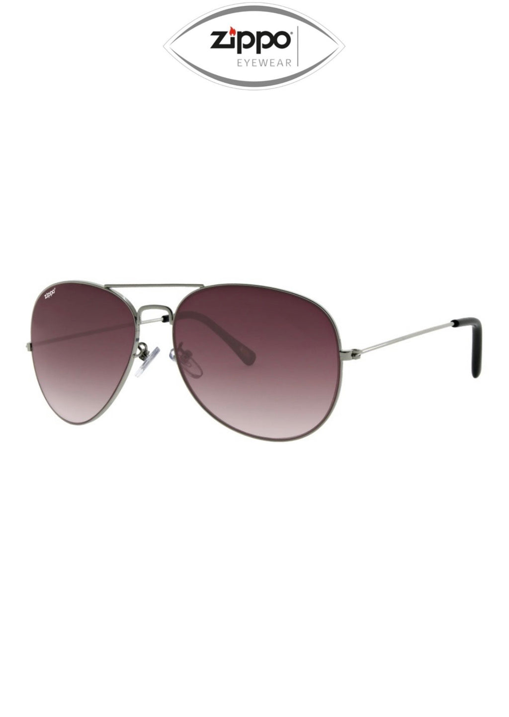 Angled view of Zippo OB36 sunglasses with purple tinted lenses and silver coloured frames.