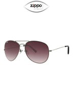 Angled view of Zippo OB36 sunglasses with purple tinted lenses and silver coloured frames.