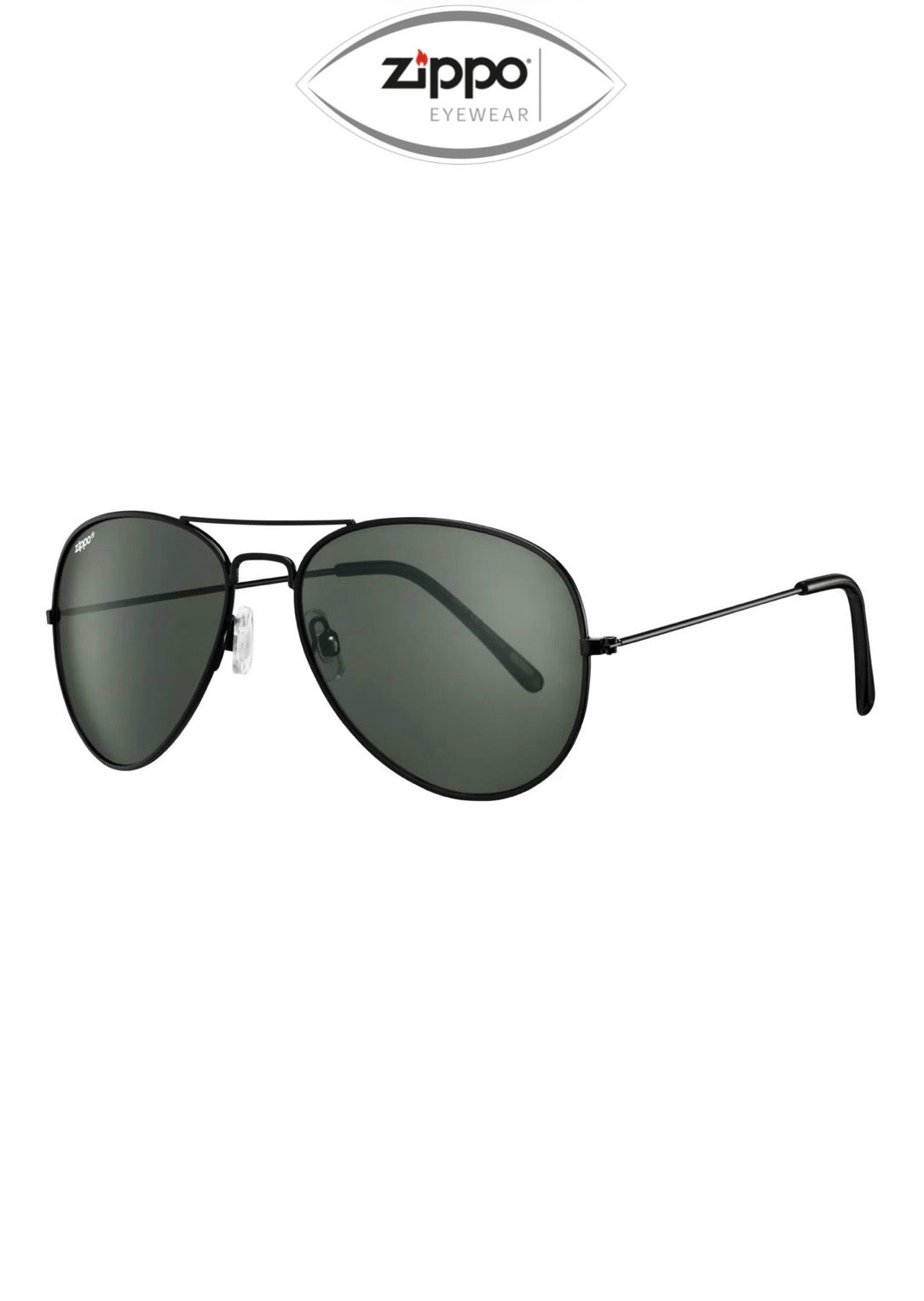 Zippo unisex sunglasses with black frames and dark lenses, UV400 protection, and stylish design.