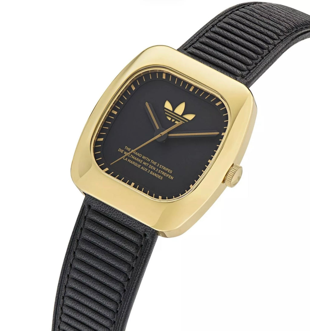 Angled view of Adidas AOSY24528 watch showing the black dial and gold coloured case.