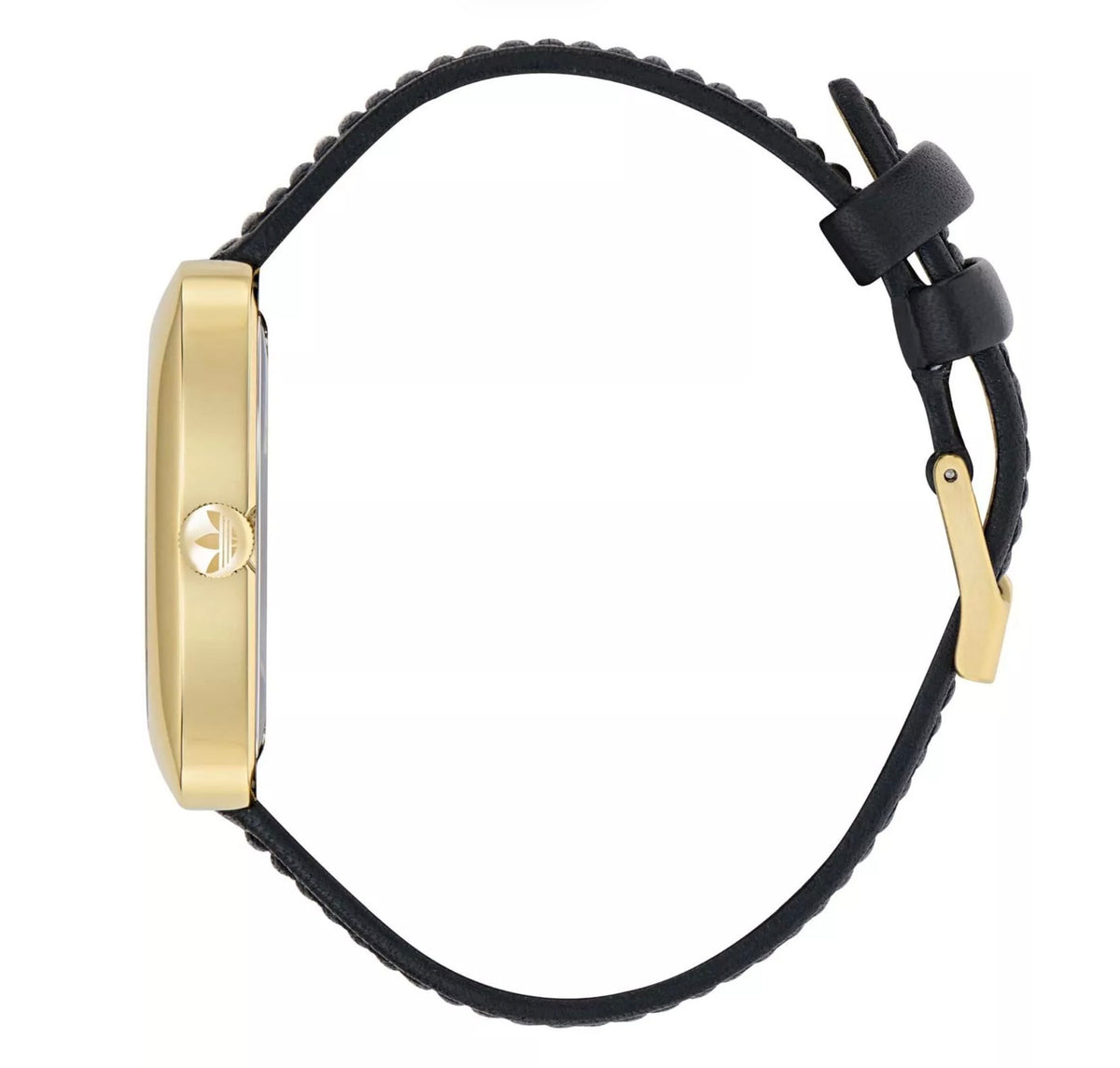 Side view of Adidas AOSY24528 watch showing the gold coloured case and black strap.