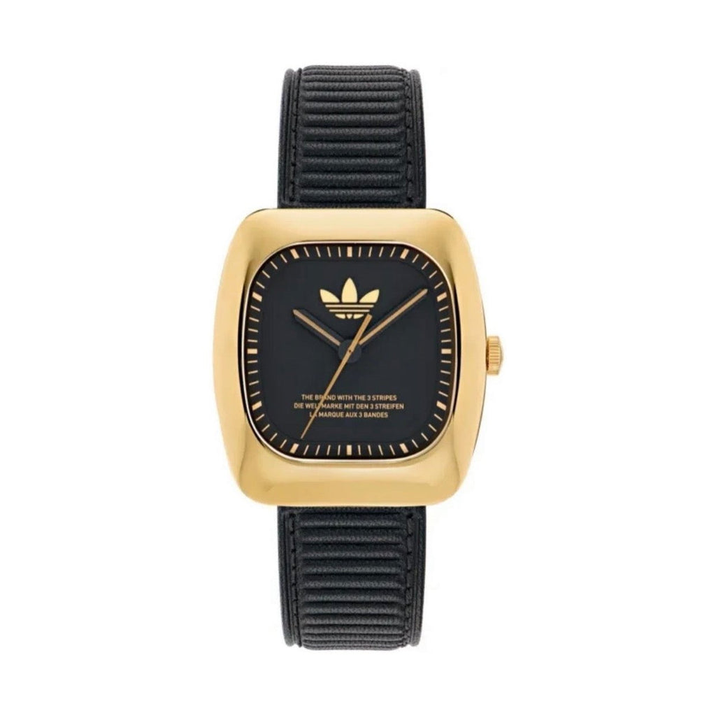Front view of Adidas AOSY24528 watch with a black dial, gold coloured square case and ribbed black strap.