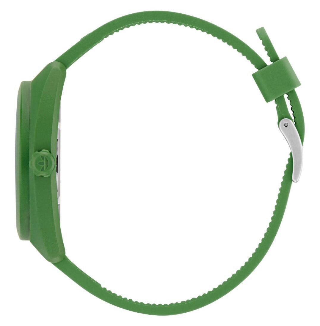 Side view of Adidas AOST24053 watch showing the green case and strap.