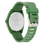 Rear view of Adidas AOST24053 watch showing the engraved case back and green strap.