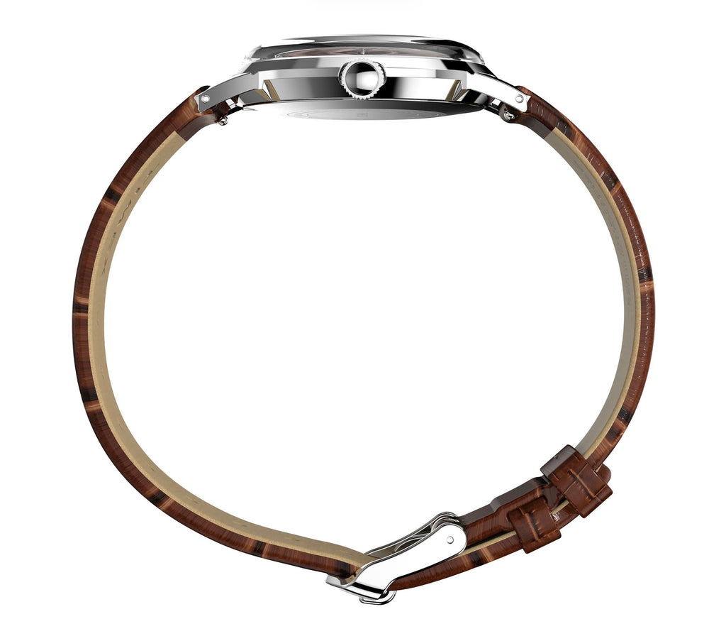 side view of Timex Mens Watch Marlin Hand Wound TW2W93300 with brown leather strap with a silver case