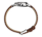 side view of Timex Mens Watch Marlin Hand Wound TW2W93300 with brown leather strap with a silver case