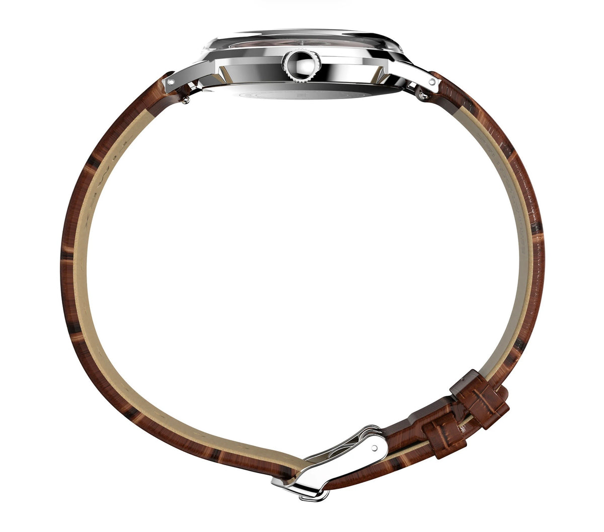 side view of Timex Mens Watch Marlin Hand Wound TW2W93300 with brown leather strap with a silver case