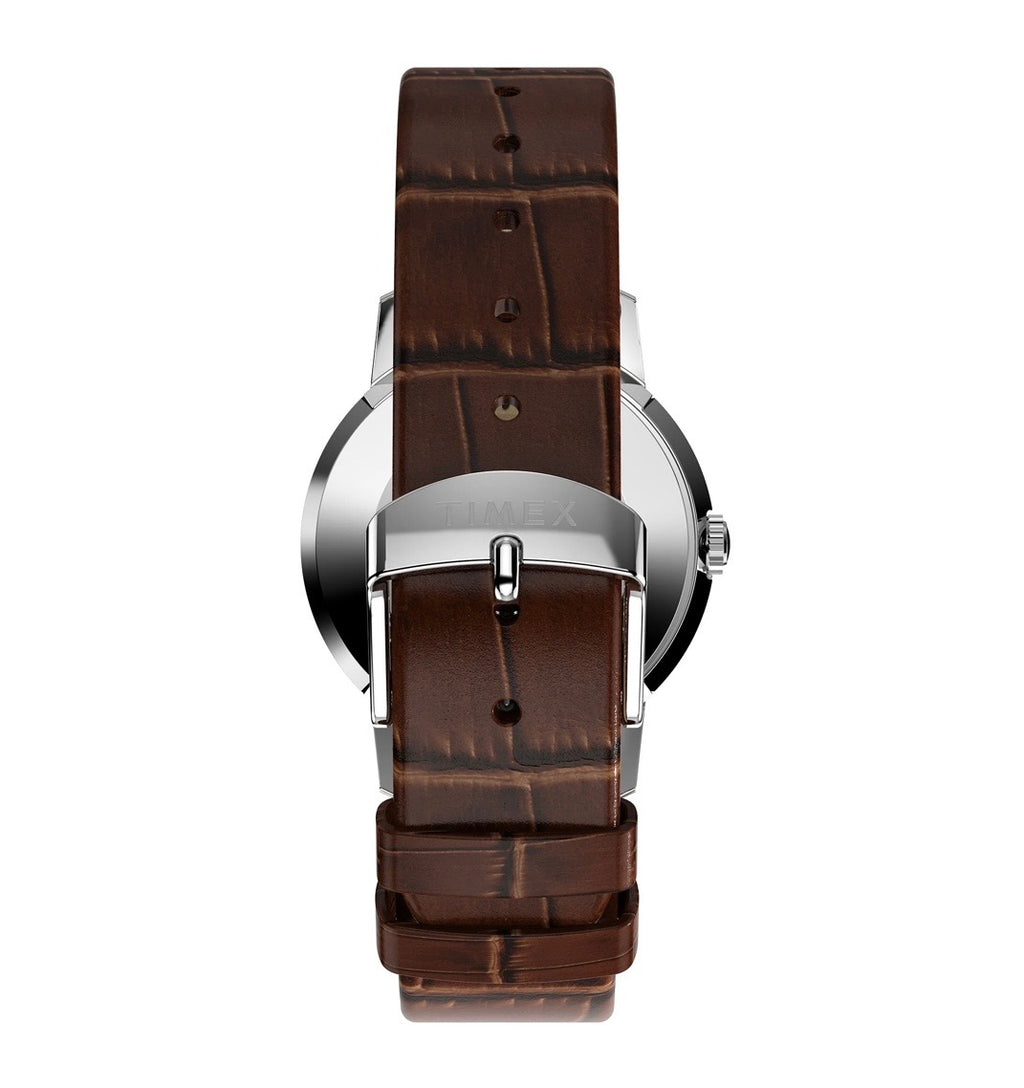 rear view showing the brown leather strap with buckle fastening of Timex Mens Watch Marlin Hand Wound TW2W93300 with brown leather strap and silver case