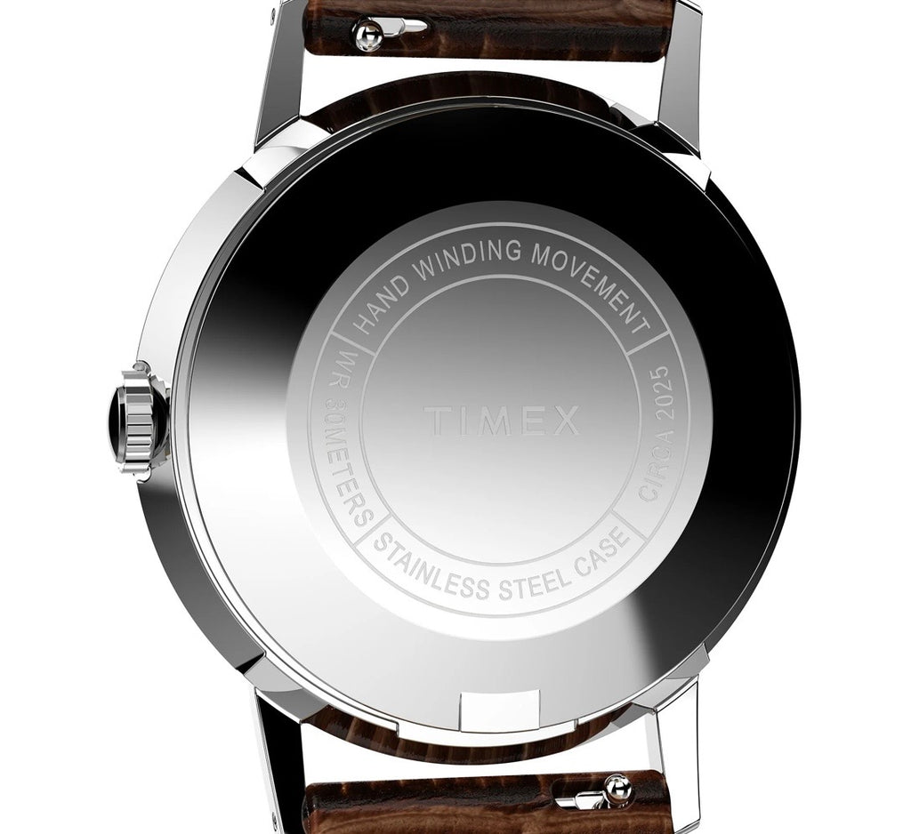 close up showing rear case of Timex Mens Watch Marlin Hand Wound TW2W93300 