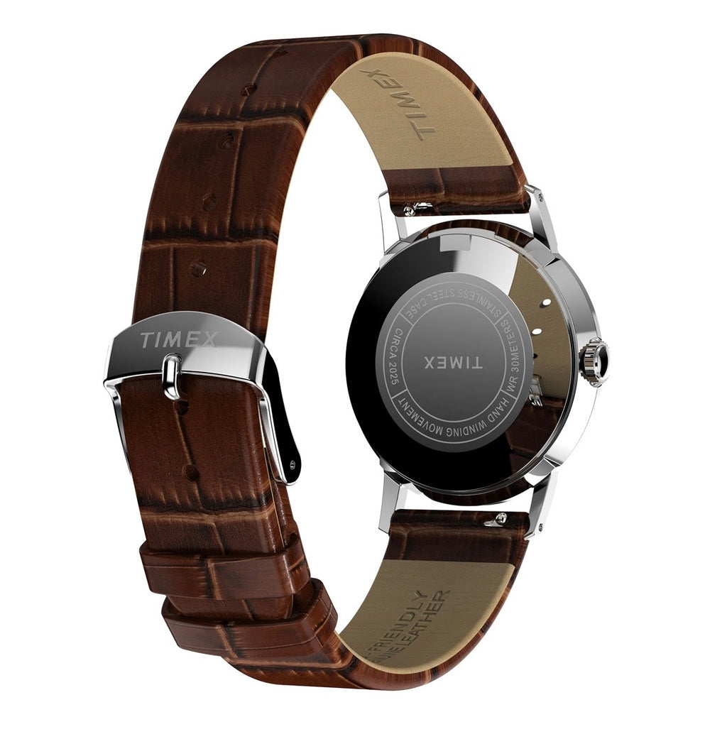 rear view of Timex Mens Watch Marlin Hand Wound TW2W93300 with brown leather strap, silver case and buckle fastening