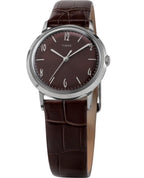 angled front view of Timex Mens Watch Marlin Hand Wound TW2W93300 with brown dial and leather strap with a silver case