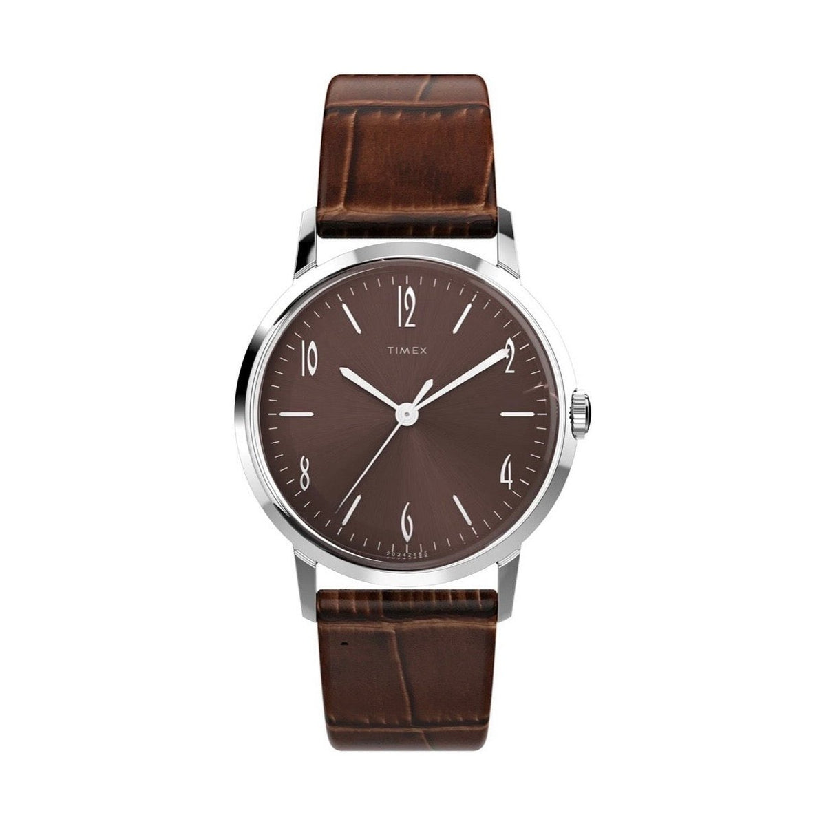front view of Timex Mens Watch Marlin Hand Wound TW2W93300 with brown dial and leather strap with a silver case