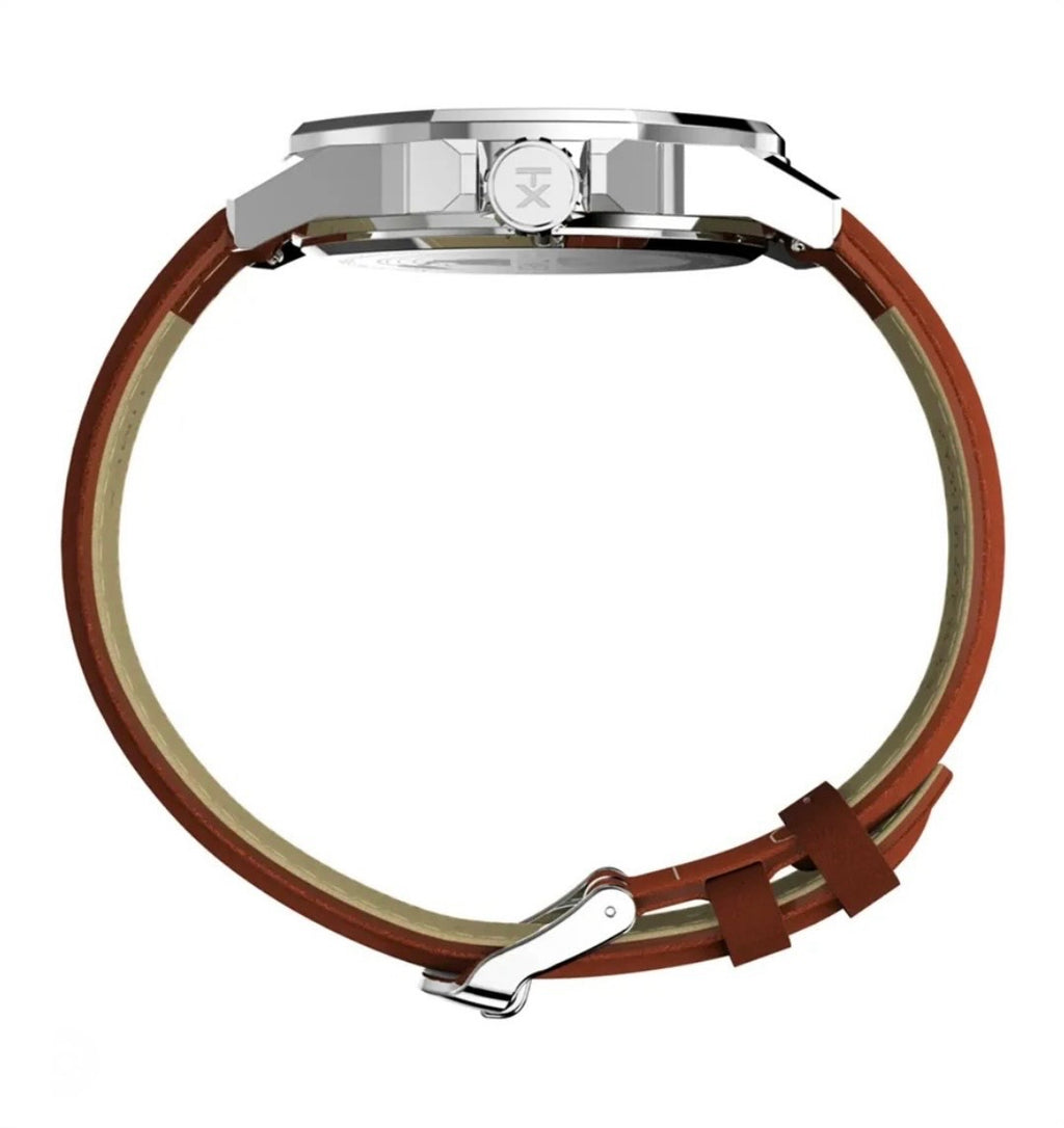 side view of Front facing Timex Mens Watch Essex Avenue TW2W92800, silver case, brown leather strap secured by buckle