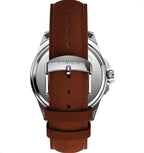 rear view of Timex Mens Watch Essex Avenue TW2W92800, silver case, brown leather strap with buckle fastening