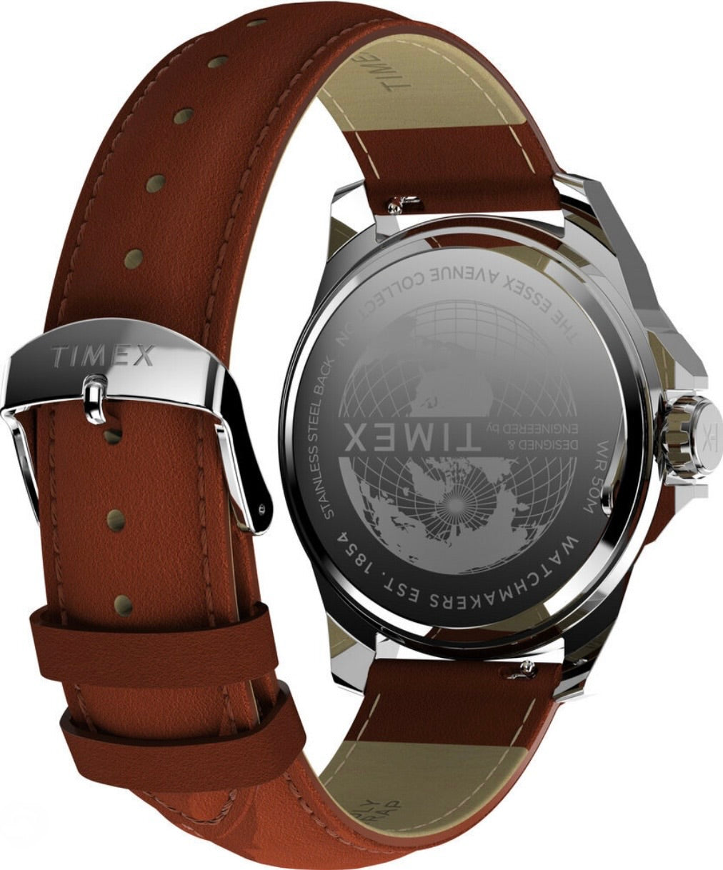 underside view of Front facing Timex Mens Watch Essex Avenue TW2W92800, silver case, brown leather strap