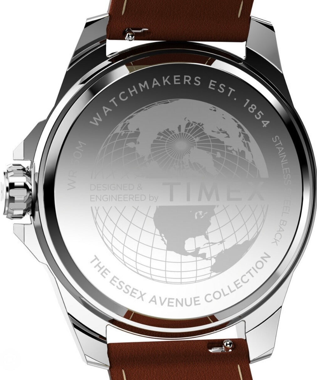 close up underside view of Front facing Timex Mens Watch Essex Avenue TW2W92800l, silver case, brown leather strap