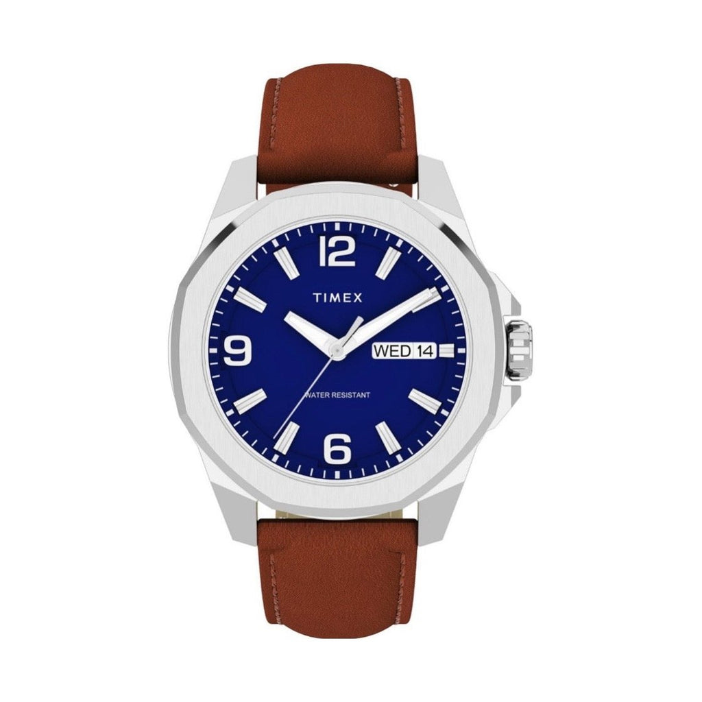 Front facing Timex Mens Watch Essex Avenue TW2W92800, blue dial, silver case, brown leather strap