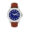 Front facing Timex Mens Watch Essex Avenue TW2W92800, blue dial, silver case, brown leather strap