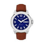 Front facing Timex Mens Watch Essex Avenue TW2W92800, blue dial, silver case, brown leather strap
