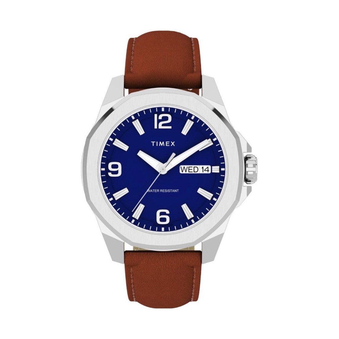 Front facing Timex Mens Watch Essex Avenue TW2W92800, blue dial, silver case, brown leather strap
