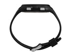 Side profile view of an Image of Timex TW5M41400 digital watch with a black resin strap and black case on a white background 