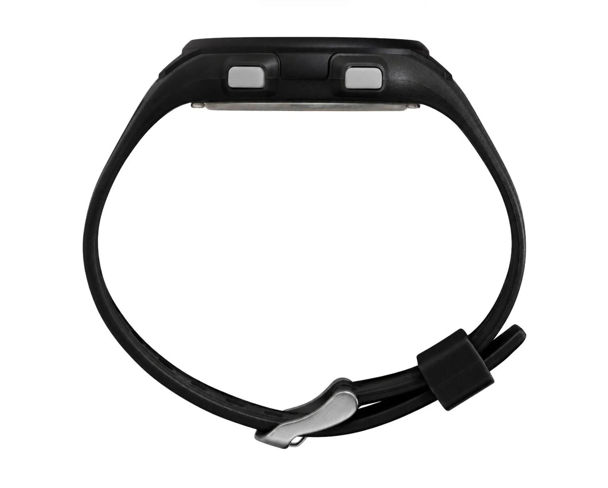 Side profile view of an Image of Timex TW5M41400 digital watch with a black resin strap and black case on a white background 