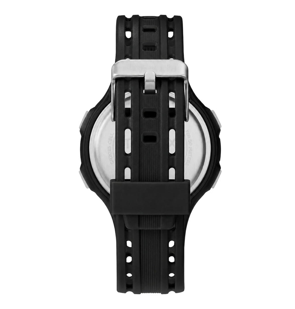 Rear image of Timex TW5M41400 digital watch with a black resin strap and black case, silver buckle fastening on a white background 
