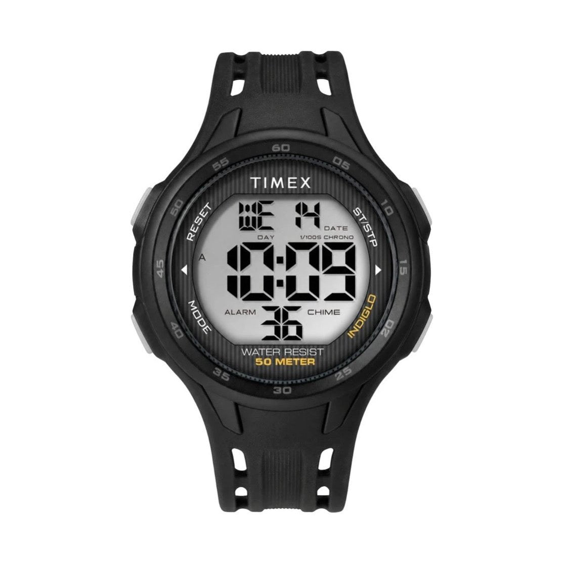 Image of Timex TW5M41400 digital watch with a black resin strap and black case on a white background 
