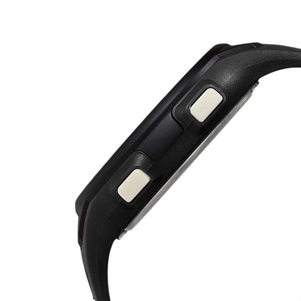 Angled side view of the black case of Timex TW5M41400 digital watch with on a white background 