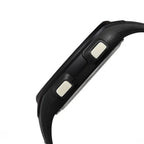 Angled side view of the black case of Timex TW5M41400 digital watch with on a white background 