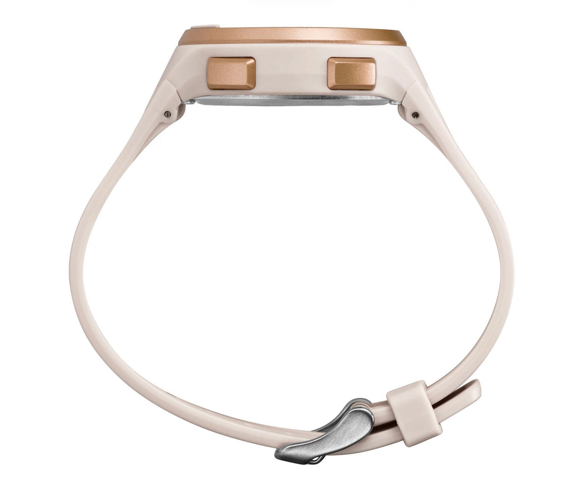 Side profile image of Ladies pink Timex Marathon Digital Watch with a rose gold bezel and side buttons on a white background.