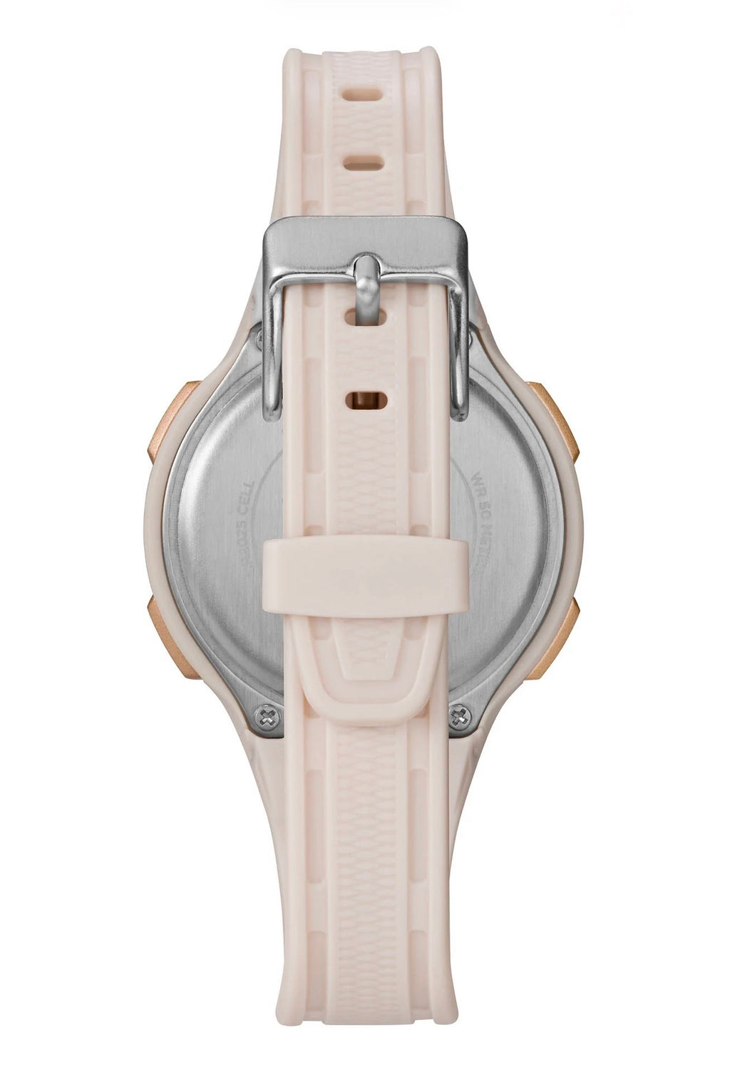 Rear facing image of a Ladies pink Timex Marathon Digital Watch with a silver buckle fastening on a white background.