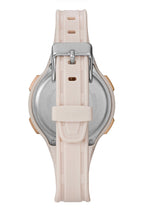 Rear facing image of a Ladies pink Timex Marathon Digital Watch with a silver buckle fastening on a white background.