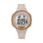 Ladies pink Timex Marathon Digital Watch with a rose gold bezel on a white background.
