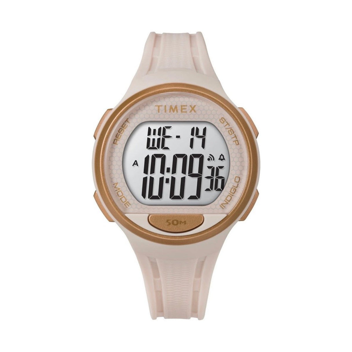 Ladies pink Timex Marathon Digital Watch with a rose gold bezel on a white background.
