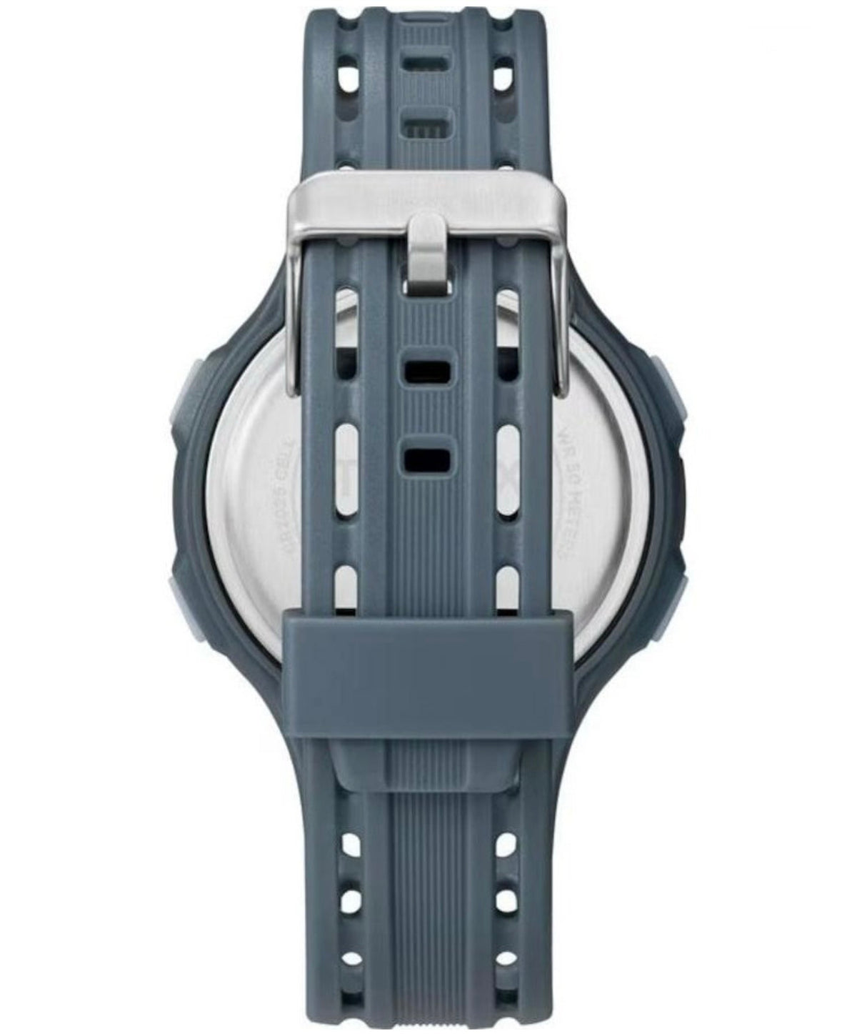 Rear facing image of men’s Timex Digital Chrono Watch TW5M41500 with a blue resin strap, blue case and silver buckle fastening on a white background.