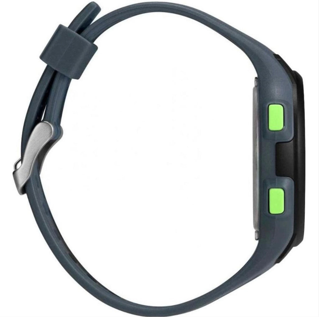 Side view of Timex TW5M41500 watch showing the dark case, bright green buttons and blue strap.