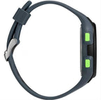 Side view of Timex TW5M41500 watch showing the dark case, bright green buttons and blue strap.