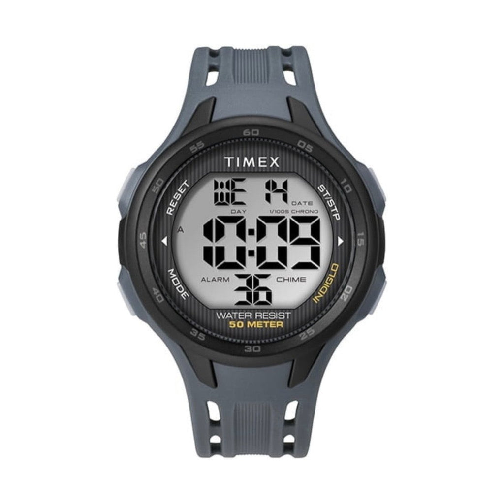 Front view of Timex TW5M41500 watch with a digital display and dark blue strap.