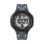 Front view of Timex TW5M41500 watch with a digital display and dark blue strap.