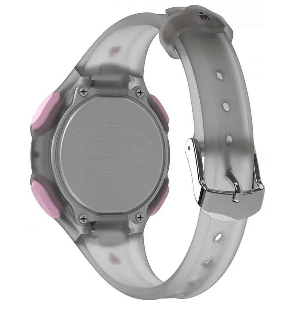 Rear view of Timex TW5M65700 watch showing the case back and grey strap from the opposite angle.