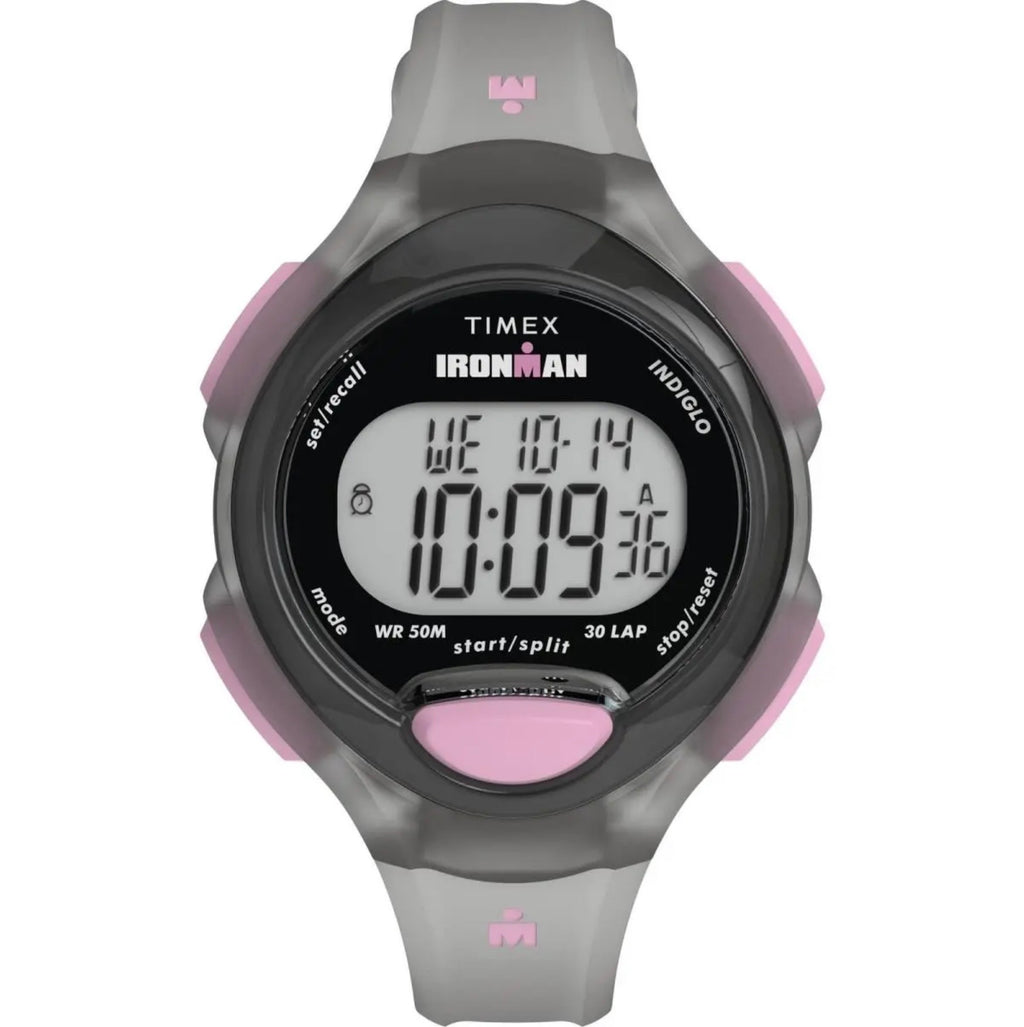Front view of Timex TW5M65700 watch with a digital display, grey strap and pink buttons.