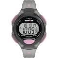 Front view of Timex TW5M65700 watch with a digital display, grey strap and pink buttons.