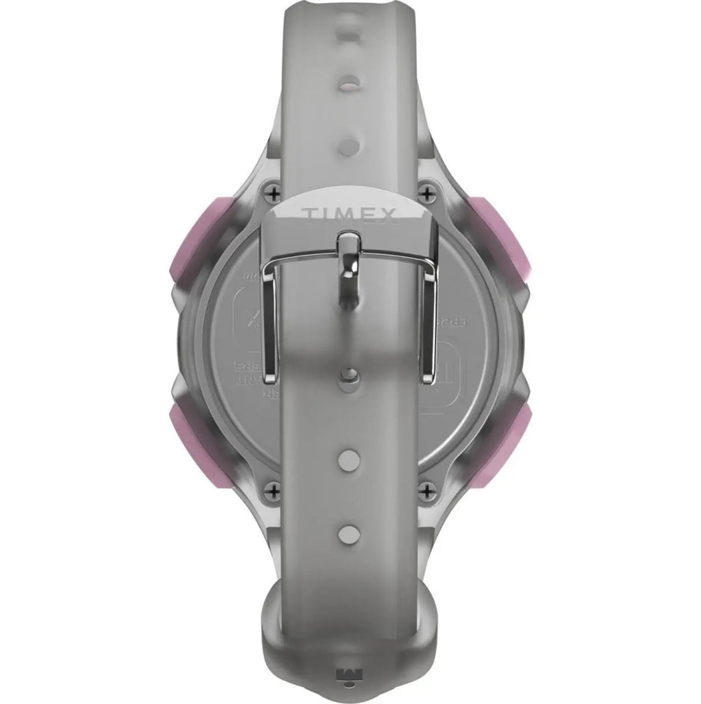 Rear view of Timex TW5M65700 watch showing the grey strap and silver coloured buckle.