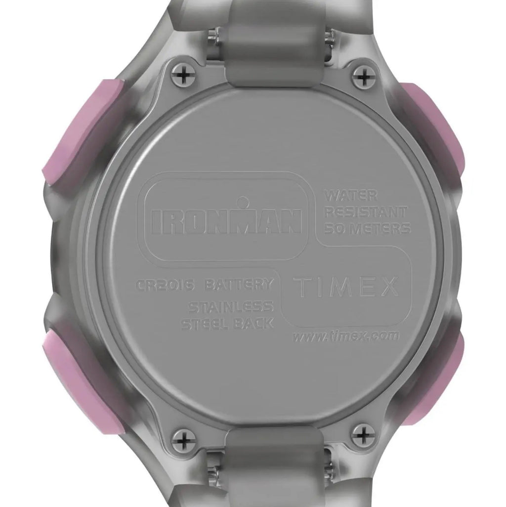 Close-up of Timex TW5M65700 watch showing the engraved case back.