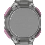 Close-up of Timex TW5M65700 watch showing the engraved case back.